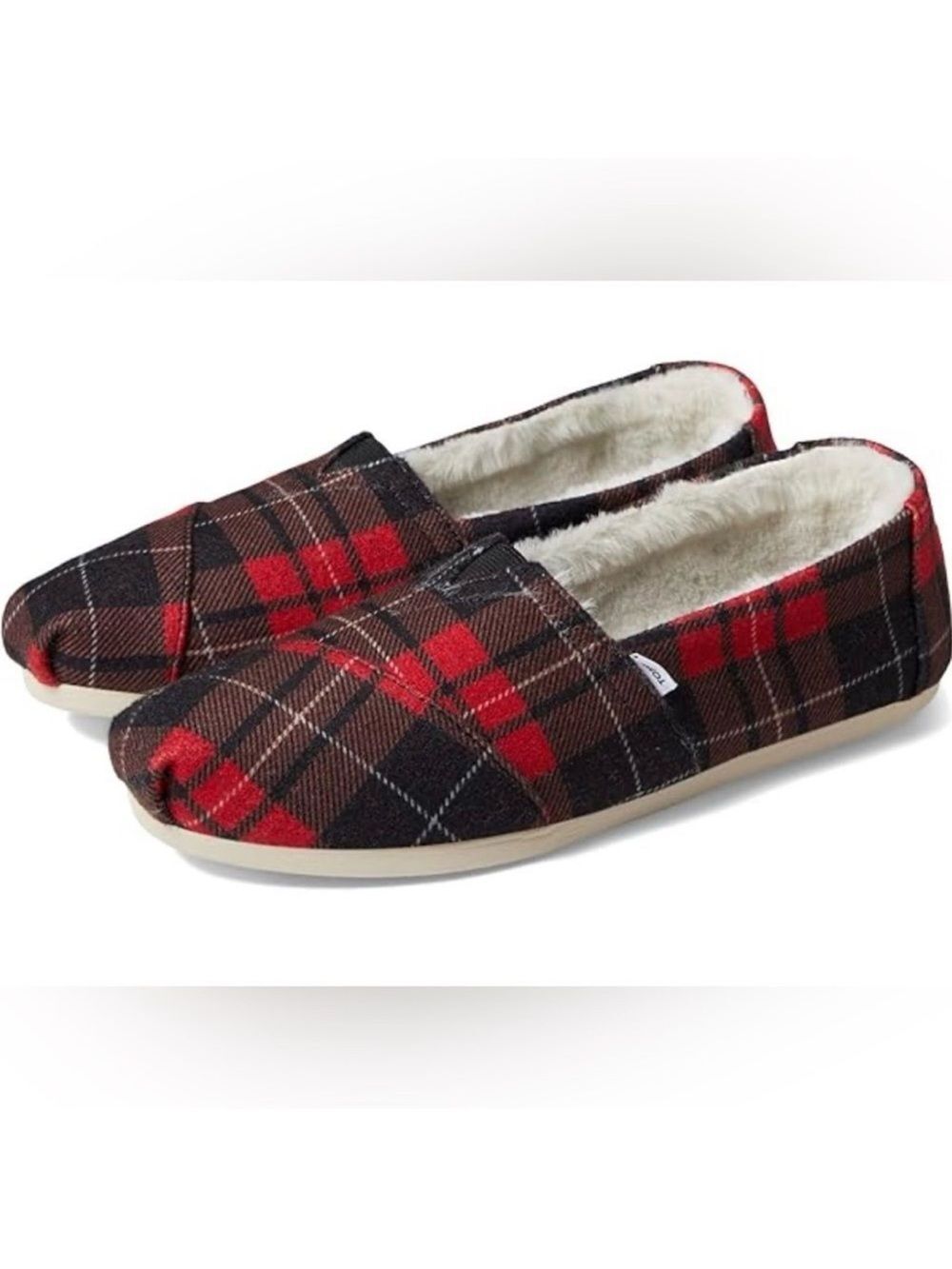 TOMS 9 Flannel Plaid Red Black Brown White Faux Shearling Lined Slip On Shoes